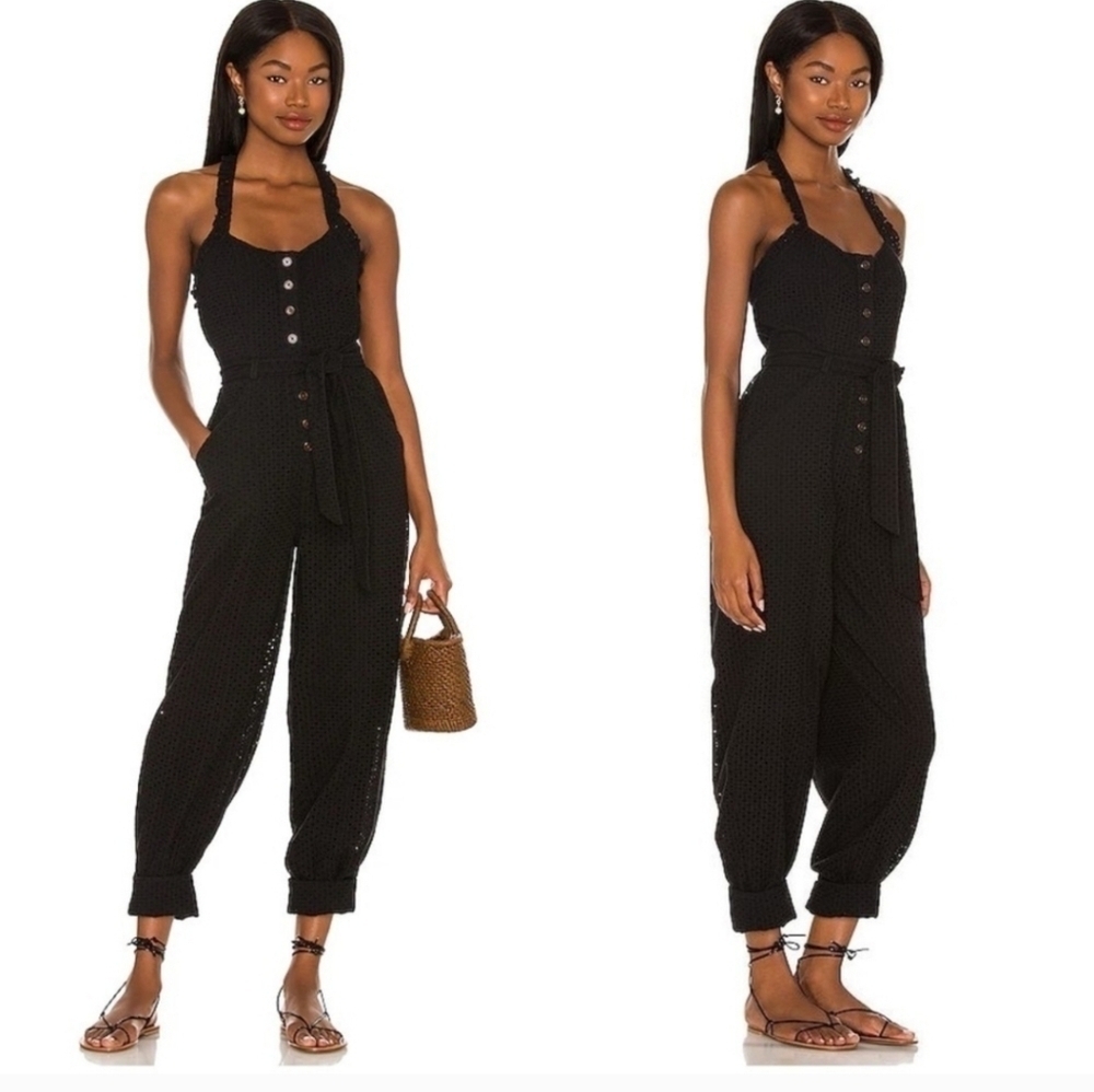 Majorelle Amanda Halter-Neck Resort Style Eyelet Jumpsuit Black Size Medium
